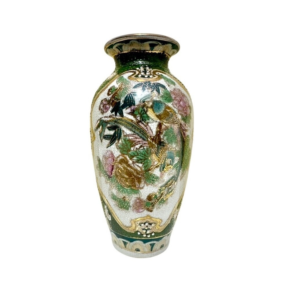 Vintage Japanese Satsuma Crackle Glaze Floral Bird Vase